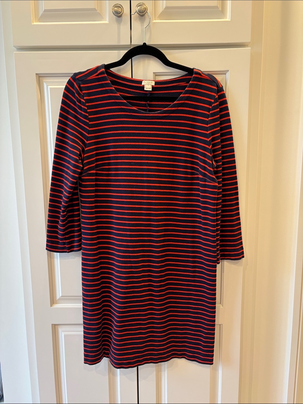 J. Crew Navy and Red Striped Long Sleeve Shift Dress